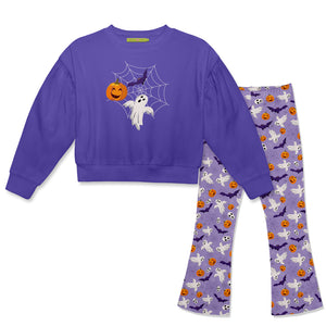 A children's two-piece Halloween sweatshirt and flared legging set on a white background. The set includes a purple long-sleeve sweatshirt with a spiderweb, ghost, and pumpkin graphic, and matching purple pants with an all-over print of ghosts, pumpkins, and bats.