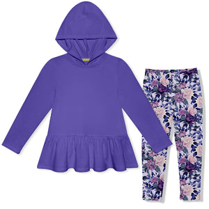 Kids Blue Iris Ruffle-Hem Hoodie & Fame Floral Leggings