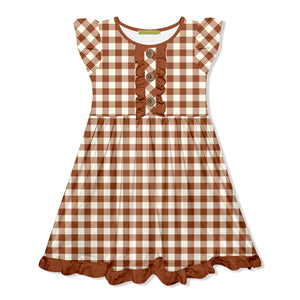 Kids Caramel Café & Cream Check Button-Front Angel-Sleeve Dress
