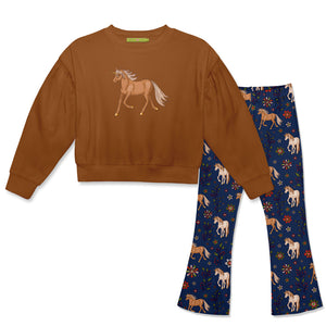 Kids Caramel Cafe Crewneck Sweatshirt & Horses Flare Leggings