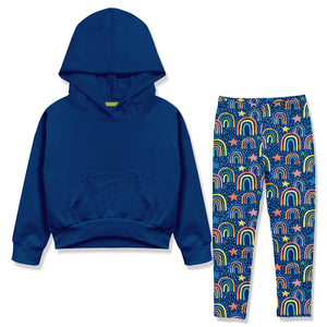 A two-piece kids' outfit set featuring a solid royal blue hooded sweatshirt and matching blue leggings with a colorful rainbow and star pattern, displayed on a clean white background.