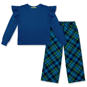 Kids Cobalt Long-Sleeve Sweatshirt & Plaid Wide Leg Pants