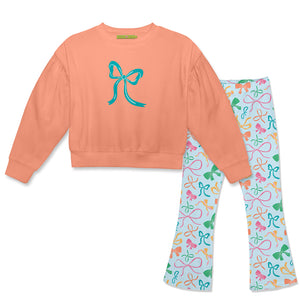Kids Coral Crewneck Sweatshirt & Bows Flare Leggings