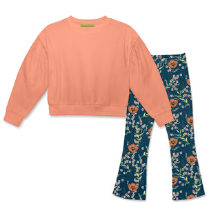 Kids Coral Crewneck Sweatshirt & Poppy Floral Flare Leggings