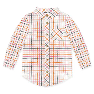 A  long-sleeve button-up shirt for kids, featuring a white base with a multicolor plaid pattern of orange, pink, and black lines, displayed flat against a white background.