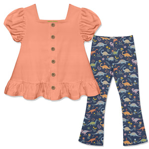 Kids Coral Puff-Sleeve Top & Primo Dino Flare Leggings