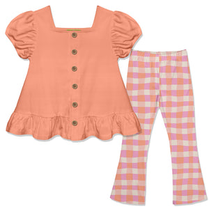 Kids Coral Puff-Sleeve Top & Wavy Check Flare Leggings