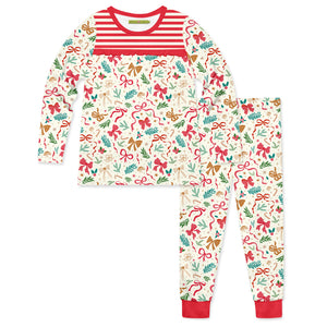 Kids Cream Christmas Ribbon Pajama Set