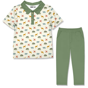 A children's two-piece outfit set featuring a short-sleeve polo shirt with a dinosaur print on an off-white background and olive green trim, paired with matching olive green pants.
