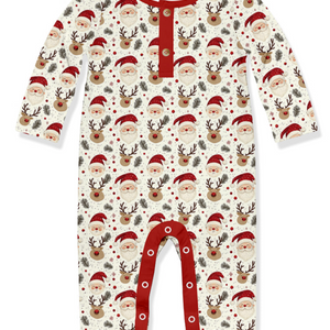A baby long-sleeve footless playsuit with a festive Santa Claus and reindeer print, featuring red trim and a buttoned henley neckline nd a snap crotch