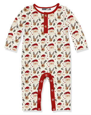 A baby long-sleeve footless playsuit with a festive Santa Claus and reindeer print, featuring red trim and a buttoned henley neckline nd a snap crotch