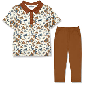 A children's two-piece outfit set featuring a short-sleeve polo shirt with a rodeo print on an off-white background, with a brown collar and placket, paired with matching brown pants.
