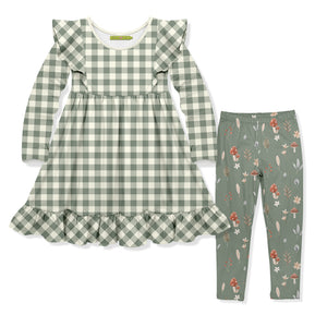 Kids Dusty Green Chcek Angel-Sleeve Dress & Mushrooms Leggings