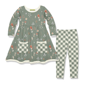 Kids Dusty Green Mushrooms&Leaves Front-Pocket A-Line Dress & Leggings