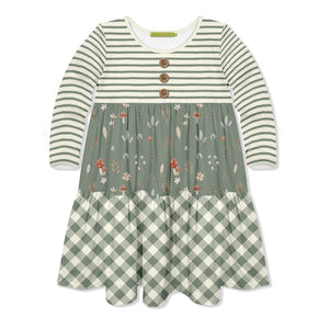 Kids Dusty Green Mushrooms Tiered Button-Front Dress