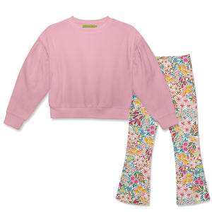 Kids Dusty Pink Crewneck Sweatshirt & Floral Flare Leggings