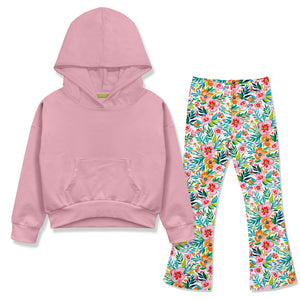 Kids Dusty Pink Hoodie & Becky Floral Flare Leggings