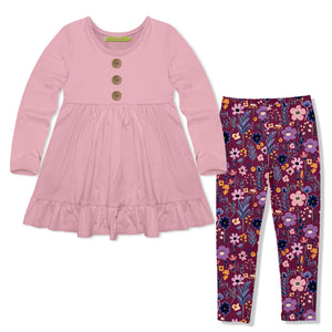 Kids Dusty Pink Long-Sleeve Babydoll Top & BTS Floral Leggings