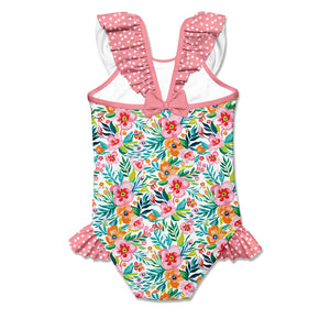 Kids Floral-patterned one-piece swimsuit with pink polka dot straps on a white background, back