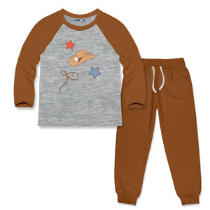 Kids Gray & Caramel Café Howdy Long-Sleeve Raglan Tee & Joggers