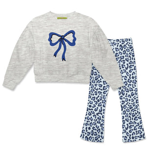 Gray sweatshirt with blue bow design and blue leopard print pants on a white background
