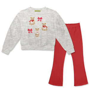 A two-piece children's set featuring a light heather gray long-sleeve sweatshirt with teddy bear and red bow graphics, paired with bright red pants, shown on a plain white background, Front