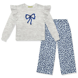 Kids Gray Heather Bows Long-Sleeve Sweatshirt & Leopard Wide Leg Pants