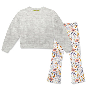 Kids Gray Heather Crewneck Sweatshirt & Flower Fairies Flare Leggings