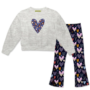 Kids Gray Heather Crewneck Sweatshirt & Hearts Flare Leggings