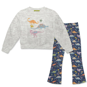 Kids Gray Heather Crewneck Sweatshirt & Primo Dino Flare Leggings