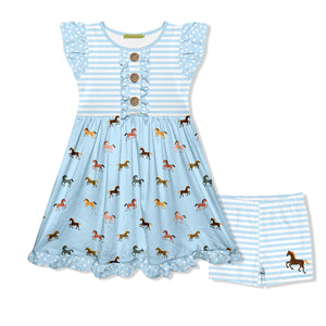 Kids Ice Blue Mini Horses Button-Front Dress & Stripe Shorts