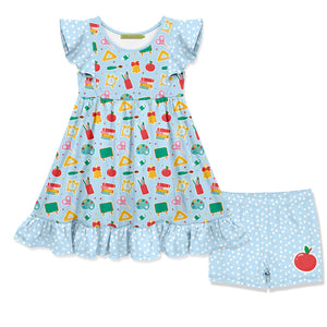 Kids Ice Blue School Supplies Angel-Sleeve Dress & Shorts Set
