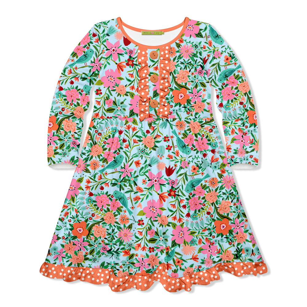 Kids Ice Blue Tara Floral Button-Front Long-Sleeve Dress ...