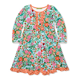 Kids Ice Blue Tara Floral Button-Front Long-Sleeve Dress