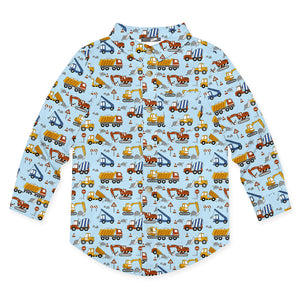 Kids Ice Blue Long-Sleeve Shirt with a front placket, collar and front breast pocket with a construction truck theme, front
