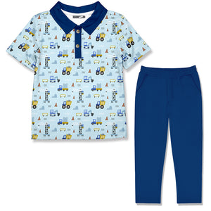 A two-piece children's outfit set featuring a short-sleeve polo shirt with a light blue background and an all-over construction vehicle print, paired with solid dark blue pants.