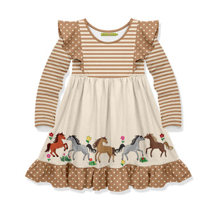 Kids Khaki Pony Border Angel-Sleeve Dress with stripe sleeves and dot ruffles on a white background, front