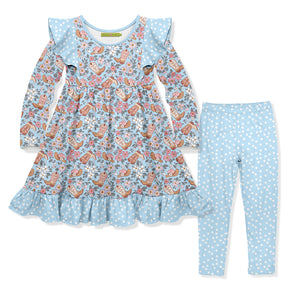 A two-piece children's outfit set featuring a long-sleeve dress and leggings. The dress has a light blue and white polka dot pattern with a western boots & floral themed print. The leggings are blue and white dot.