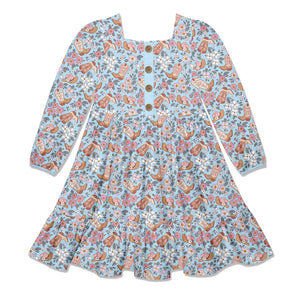 Girls Long Sleeve dress with a western theme print on a white background