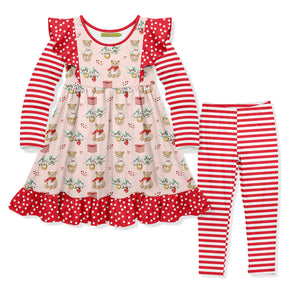 Girls red & pink teddy bear Christmas dress & stripe legging set