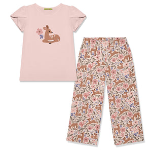 Kids Light Pink Tulip-Sleeve Top & Deerest Wide Leg Pants