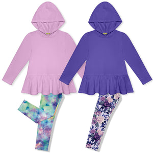 Kids Lilac & Blue Iris Ruffle-Hem Hoodie & Tie-Dye Leggings Set