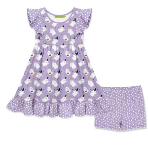 Kids Lilac Halloween Floating Ghost Angel-Sleeve Dress & Dot Shorts, front- Millieloveslily.com