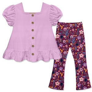 Kids Lilac Puff-Sleeve Top & BTS Floral Flare Leggings