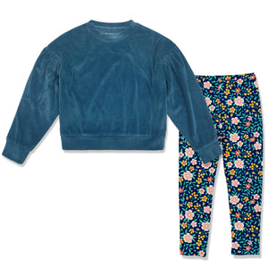 Kids Midnight Ribbed Velour Sweatshirt & Floral Cluster Leggings