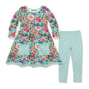 Kids Mint Becky Floral Front-Pocket A-Line Dress & Dot Leggings