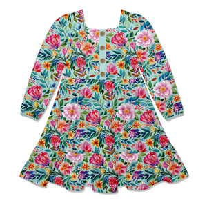 Kids Mint Becky Floral Square-Neck Button-Front Tiered Dress
