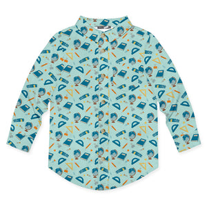 A long-sleeve button-up shirt for kids, featuring a light blue-green background with an all-over school-themed pattern of books, pencils, rulers, protractors, and chalkboard erasers in blue, orange, and yellow.