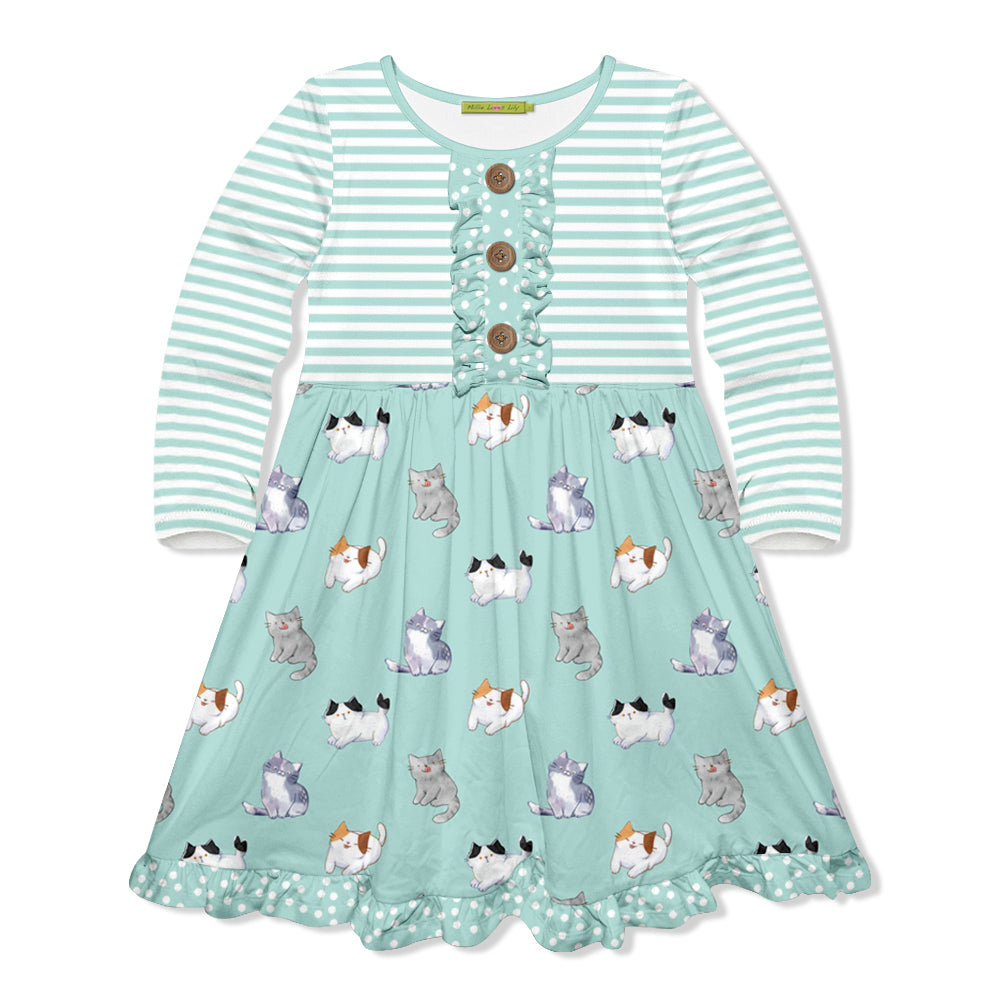 Ttd Button Kids Mint Kitty Dreams Button-Front Long-Sleeve Dress – Millieloveslily.com