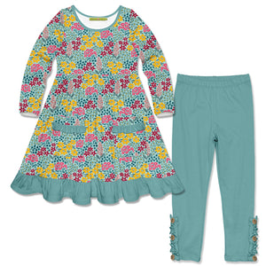 Kids Mint Floral Meadow Ruffle Pocket Dress & Nile Blue Leggings with ruffle and button deatil at the ankle, front